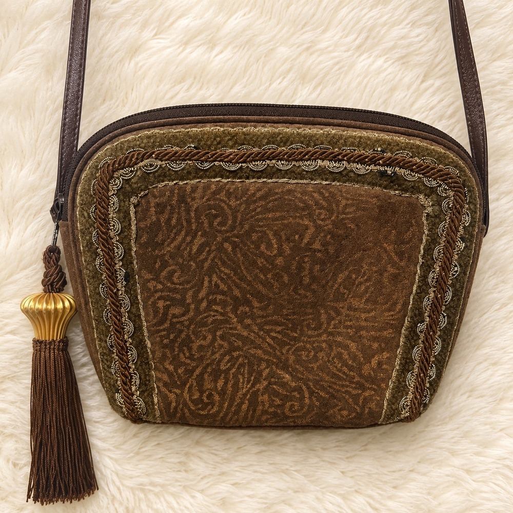 Brizzolari Italy Vintage Brown Suede Crossbody Bag Boho Tassel Purse Gold Beaded
